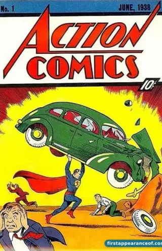 Action Comics #1 (1938), DC Comics. The first appearance of Superman, drawn by Joe Shuster from Jerry Siegel's script.