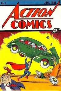 Superman lifting a green car over his head on the cover of Action Comics #1 (1938)