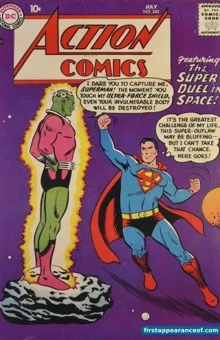 Brainiac on the cover of Action Comics #242 (1958), his first appearance and first cover.