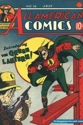 All-American Comics #16 (1940). Alan Scott as the original Green Lantern on the cover, lantern raised, in the red-and-green-and-purple costume that defines the Golden Age character.