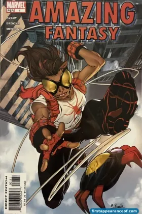 Amazing Fantasy #1 Vol. 2 (2004). Anya Corazon (Araña) debuts. Fiona Avery and Mark Brooks. Marvel deliberately echoed the original Amazing Fantasy #15 numbering for the Spider-mythology relaunch.