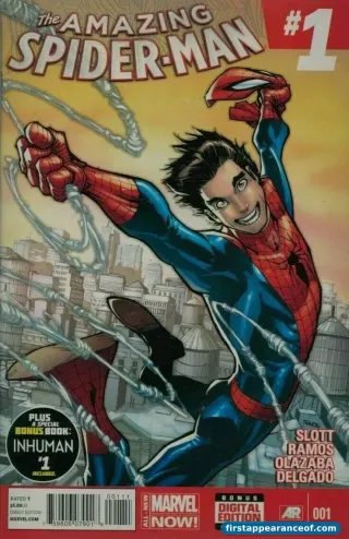 The Amazing Spider-Man #1 Vol. 3 (2014). Silk debuts in cameo. Dan Slott and Humberto Ramos.