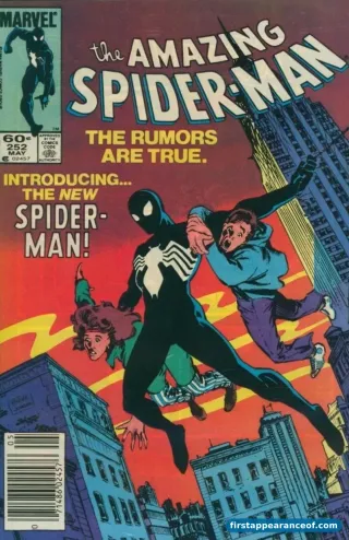Amazing Spider-Man #252 (1984). Tom DeFalco, Roger Stern, and Ron Frenz. Spider-Man's first appearance in the black costume. The symbiote's true alien nature is not yet revealed in this issue; the framing is a regular costume that happens to be black and white.