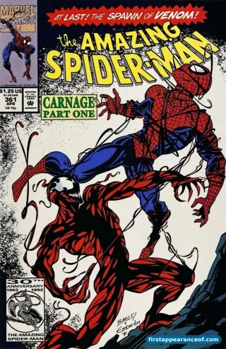 Carnage on the cover of The Amazing Spider-Man #361 (1993), his first full appearance and first cover.