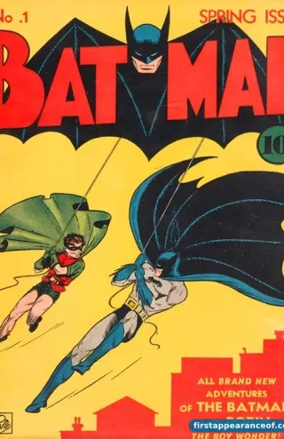 Batman #1 cover (1940). The Joker debuts inside this issue, though the cover features Batman and Robin.