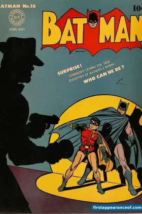 Batman #16 (1943). DC Comics. Alfred debuts as the Wayne family butler in a back-up feature.