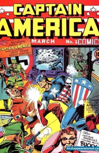Captain America Comics #1 (1941). Bucky is alongside Cap on the cover, both punching Adolf Hitler. Cap throws the punch; Bucky has his fists raised behind him.