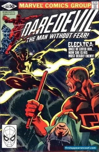 Elektra on the cover of Daredevil #168 (on sale 1981, cover-dated January 1982), her first appearance and first cover.