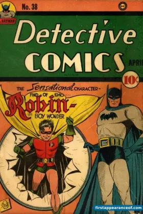 Robin on the cover of Detective Comics #38 (1940), his first appearance.