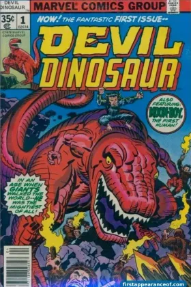 Devil Dinosaur #1 (1978). Jack Kirby cover. Devil snarling over Moon-Boy with a raised torch.