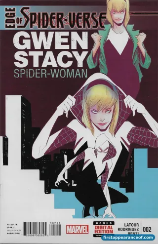 First appearance of Spider-Gwen — the cover of Edge of Spider-Verse #2 (2014).