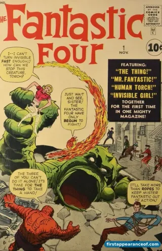 Fantastic Four #1 (1961). Johnny Storm on fire on the cover, fighting the Mole Man's monster alongside the rest of the team.
