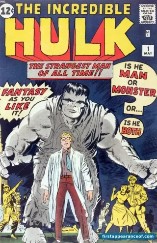 The Incredible Hulk #1 (1962). Jack Kirby's gray Hulk looming over a frightened Rick Jones as the gamma bomb detonates behind them.