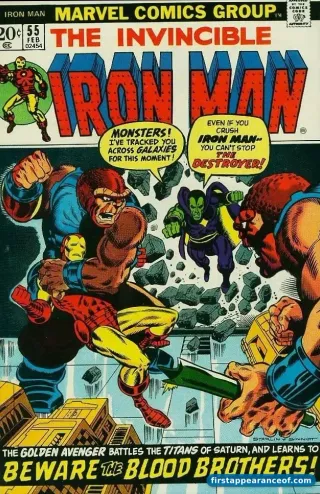 Iron Man #55 (1973). Iron Man and Drax the Destroyer on the cover; Thanos debuts inside alongside Drax.