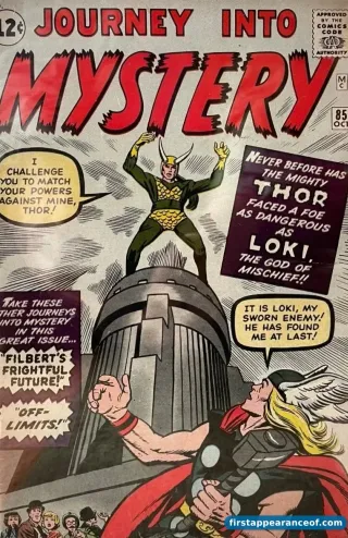 Journey into Mystery #85 (1962). Stan Lee, Larry Lieber, and Jack Kirby. Loki's canonical first appearance and the foundational Thor-adversary debut.