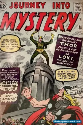 Journey into Mystery #85 (1962). Stan Lee, Larry Lieber, and Jack Kirby. Loki's canonical first appearance and the foundational Thor-adversary debut.
