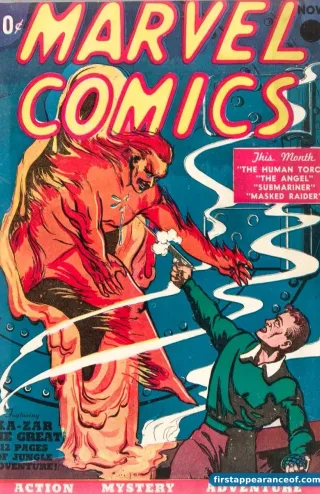 Marvel Comics #1 (1939). The original Human Torch on the cover, an android in red flame escaping from a glass cylinder.