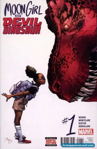 Moon Girl and Devil Dinosaur #1 (2015). Lunella Lafayette and the red T. rex on the cover by Amy Reeder.