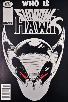 Shadowhawk #1 (1992). Jim Valentino's armored vigilante with the hawk emblem on the chest, posed against a city skyline.