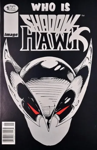 Shadowhawk #1 (1992). Jim Valentino's armored vigilante with the hawk emblem on the chest, posed against a city skyline.