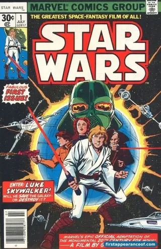 Star Wars #1 (1977). Marvel Comics. Princess Leia debuts alongside Luke Skywalker, Darth Vader, and Han Solo. Roy Thomas adapts the upcoming film.