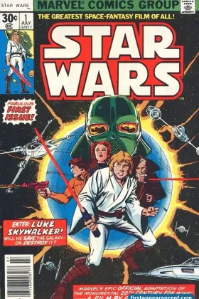 Star Wars #1 (1977). Marvel Comics. Roy Thomas adapts the film with Howard Chaykin on art. Darth Vader, Luke Skywalker, Princess Leia, and Han Solo all debut.