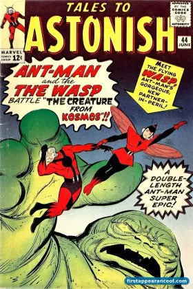Tales to Astonish #44 (1963). The Wasp debuts on the cover alongside Ant-Man, both shrunk-down and confronting an enemy.