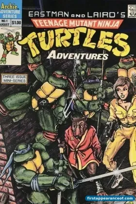 Teenage Mutant Ninja Turtles Adventures #1 (Archie Comics, 1988), Bebop's first comic appearance. Cover shows the four Turtles, Splinter, and April O'Neil.