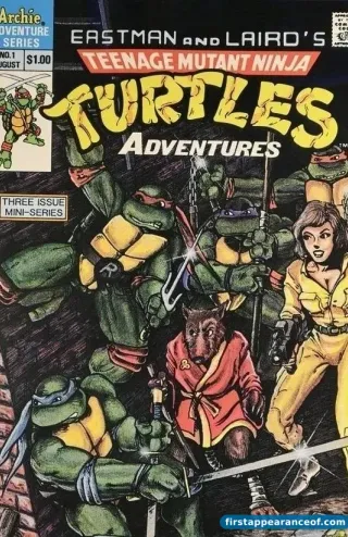 Teenage Mutant Ninja Turtles Adventures #1 (Archie Comics, 1988), Krang's first comic appearance. Cover shows the four Turtles, Splinter, and April O'Neil.