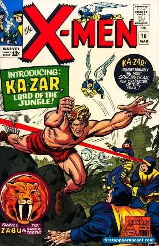 X-Men #10 (1965). Stan Lee and Jack Kirby. The Savage Land debuts as a hidden Antarctic jungle with dinosaurs and Ka-Zar.