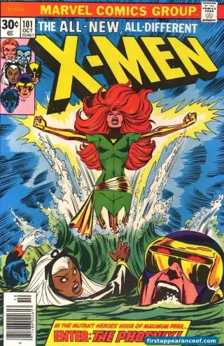X-Men #101 (1976). Chris Claremont and Dave Cockrum. The first appearance of the Phoenix entity, with Jean Grey emerging from Jamaica Bay in the iconic Phoenix uplift pose. The cover establishes the visual language for the Phoenix Force that has remained canonical across decades.