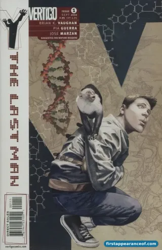 Y: The Last Man #1 (2002). Vertigo. Yorick and Ampersand on the J.G. Jones cover.