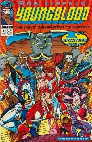 Youngblood #1 (1992). Rob Liefeld's flagship Image Comics launch. Six members of the team posed against an explosive background, full Image-extreme visual mode.